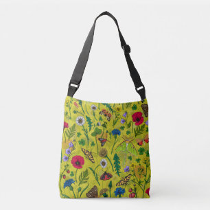 Wild flowers and moths on green crossbody bag
