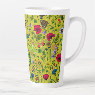 Wild flowers and moths on green latte mug