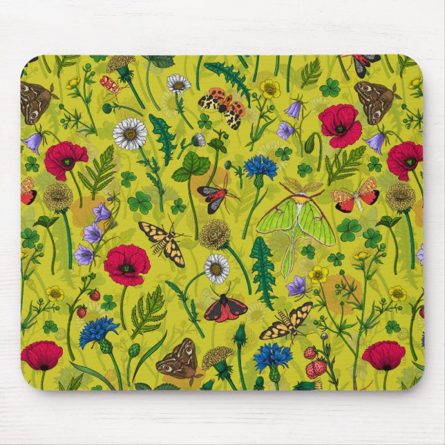Wild flowers and moths on green mouse pad (Front)