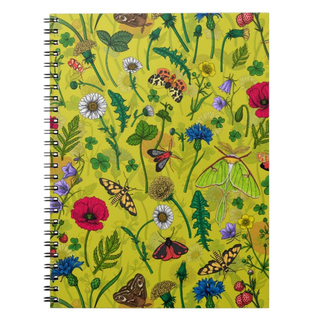 Wild flowers and moths on green notebook (Front)