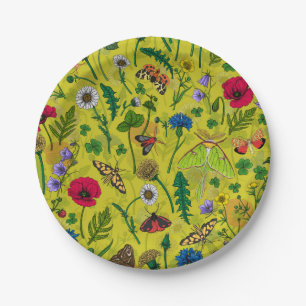 Wild flowers and moths on green paper plate