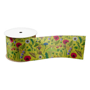 Wild flowers and moths on green satin ribbon