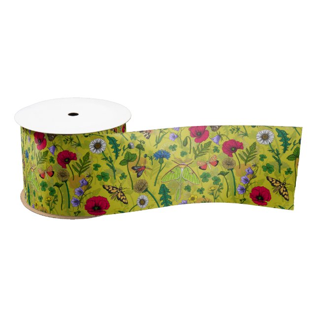Wild flowers and moths on green satin ribbon (Spool)