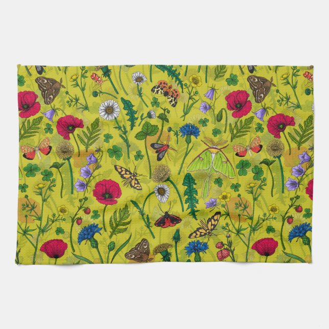 Wild flowers and moths on green tea towel (Horizontal)