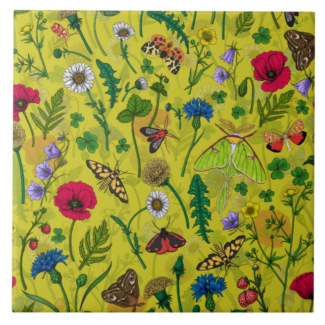 Wild flowers and moths on green tile (Front)