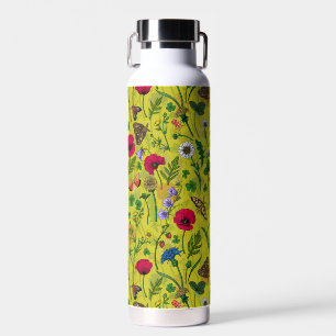 Wild flowers and moths on green water bottle