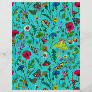 Wild flowers and moths on teal