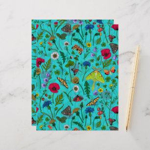 Wild flowers and moths on teal