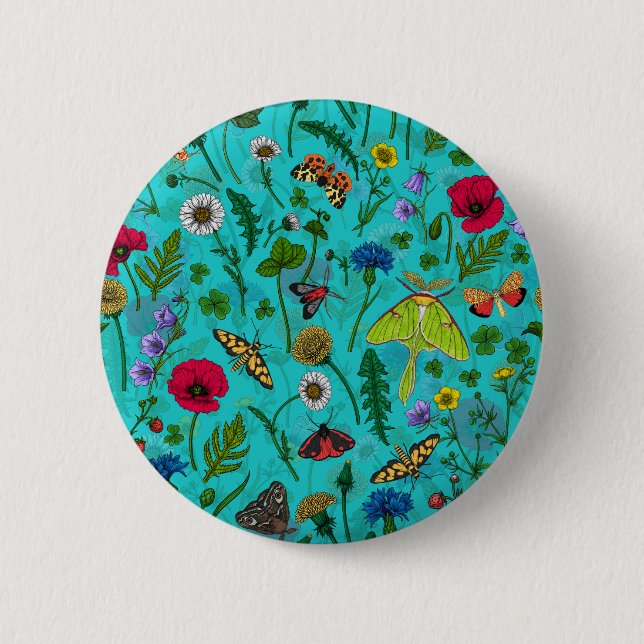 Wild flowers and moths on teal 6 cm round badge (Front)