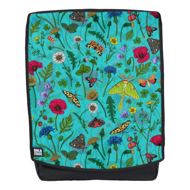 Wild flowers and moths on teal backpack (Front)