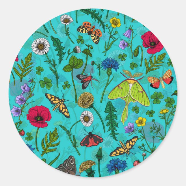 Wild flowers and moths on teal classic round sticker (Front)