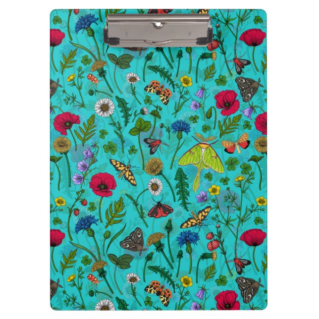 Wild flowers and moths on teal clipboard (Front)