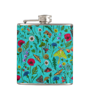 Wild flowers and moths on teal hip flask