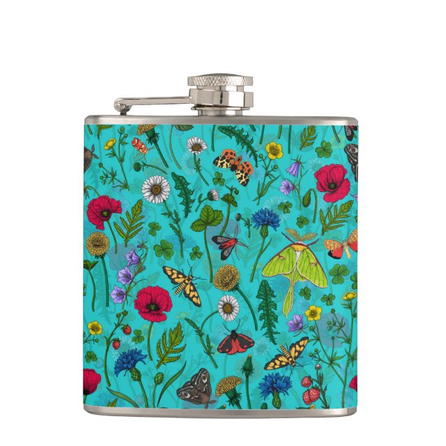 Wild flowers and moths on teal hip flask (Front)