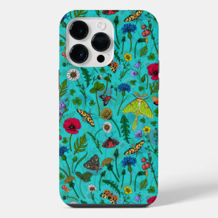Wild flowers and moths on teal iPhone 14 pro max case