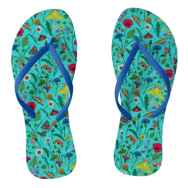 Wild flowers and moths on teal jandals (Footbed)