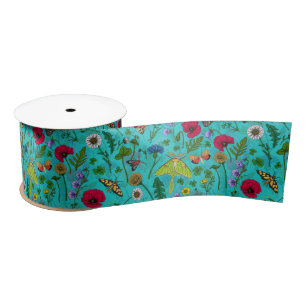 Wild flowers and moths on teal satin ribbon