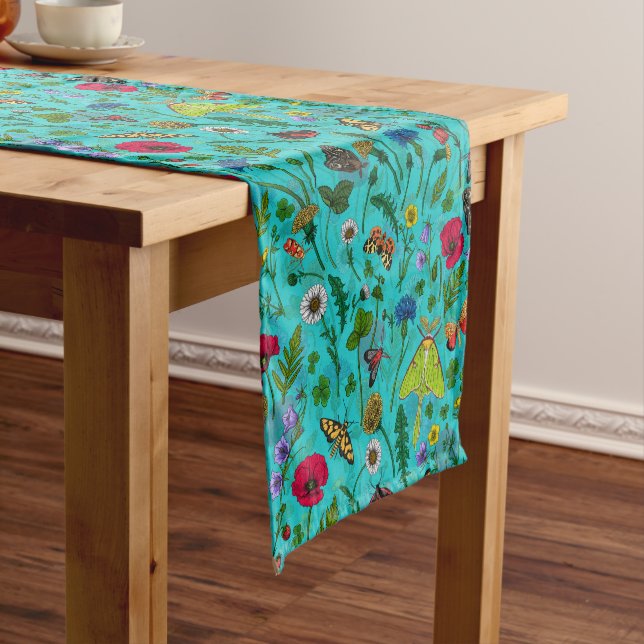 Wild flowers and moths on teal short table runner (In Situ)