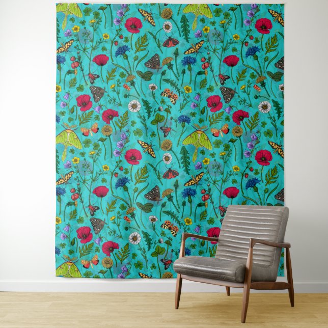 Wild flowers and moths on teal tapestry (In Situ)