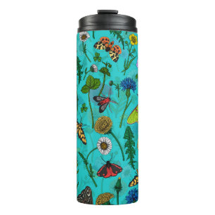 Wild flowers and moths on teal thermal tumbler