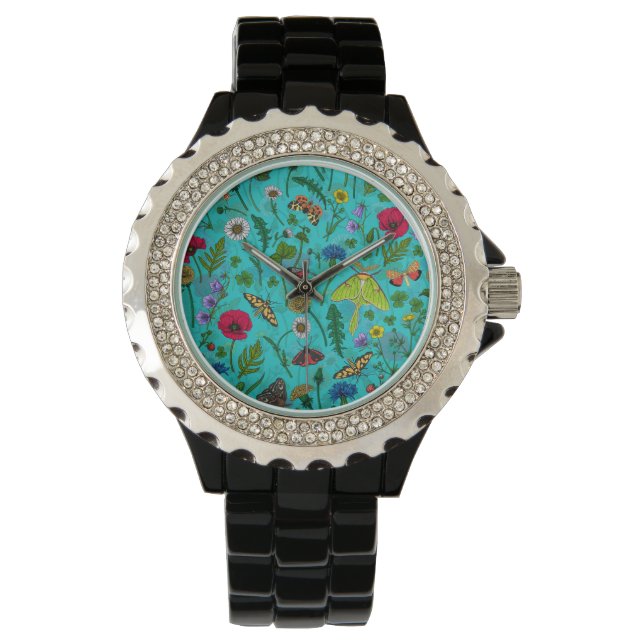 Wild flowers and moths on teal watch (Front)
