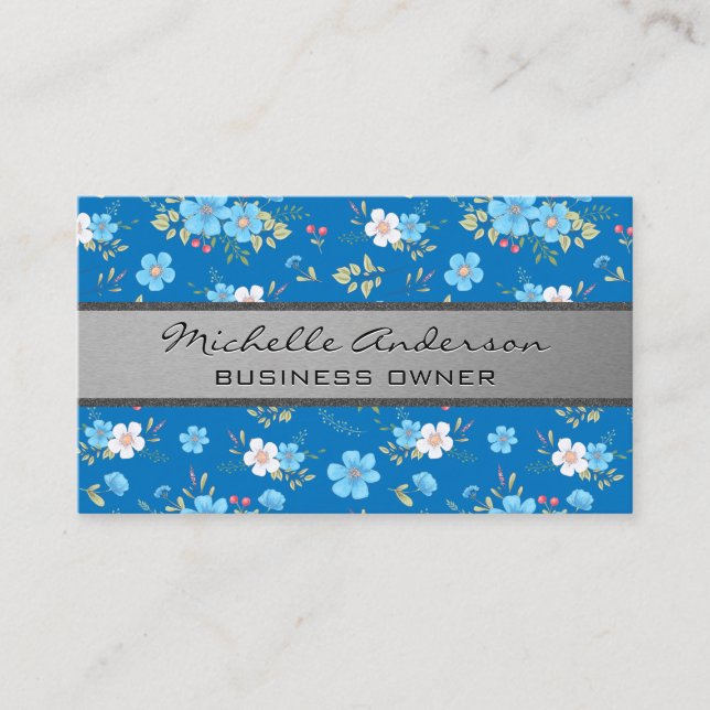 Wild Flowers Blue White Floral Pattern Business Card (Front)