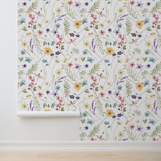Wild Flowers, Butterflies and Dragonflies Pattern  Wallpaper (Application)