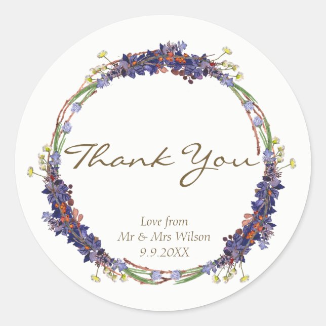 wild flowers daisy wreath thank you favour sticker (Front)