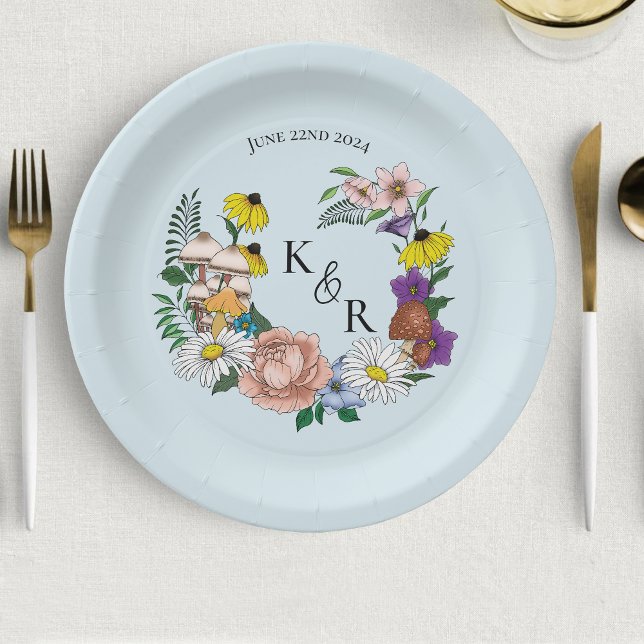 Wild Flowers Floral Blue Mushrooms Paper Plate (Creator Uploaded)