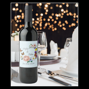 Wild Flowers Floral Blue Mushrooms Wine Label