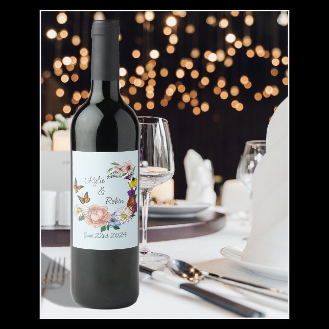 Wild Flowers Floral Blue Mushrooms Wine Label (Creator Uploaded)