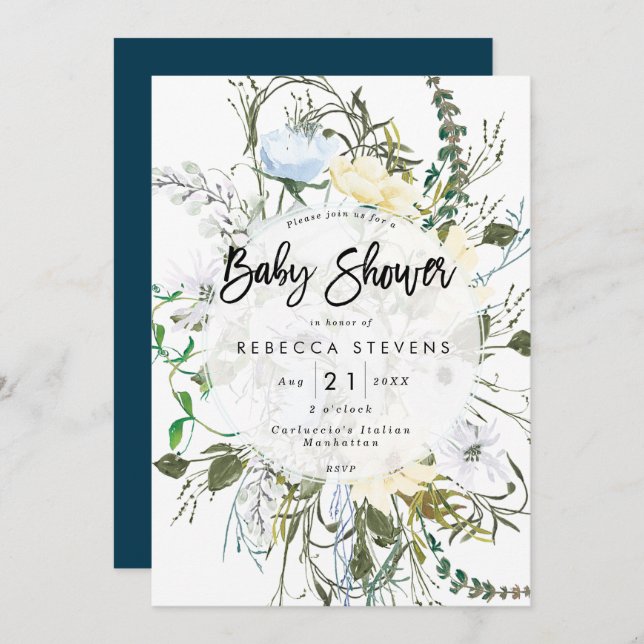 wild flowers floral navy baby shower invitation (Front/Back)