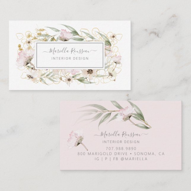 Wild Flowers Greenery Gold Glitter Business Card (Front/Back)
