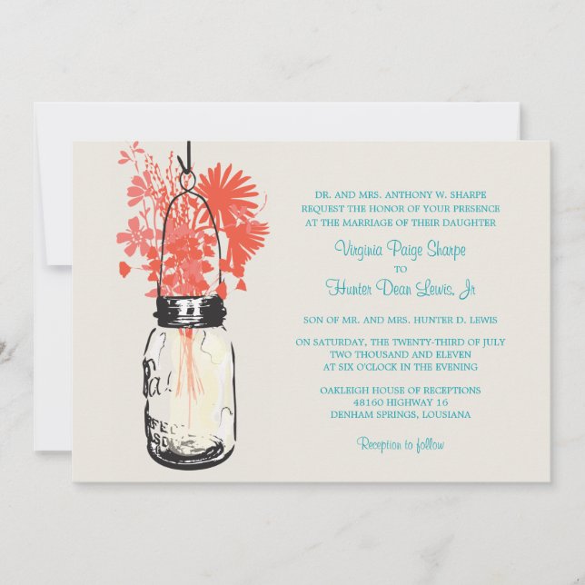 Wild flowers & Mason Jar Wedding Invitations (Front)