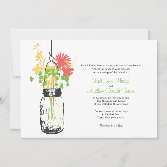 Wild flowers & Mason Jar Wedding Invitations (Front)