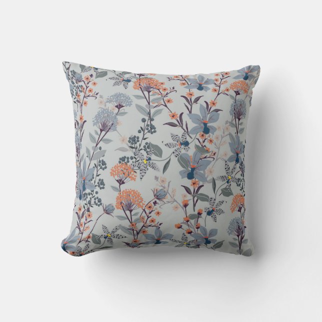 Wild flowers on blue, botanical pattern. cushion (Front)