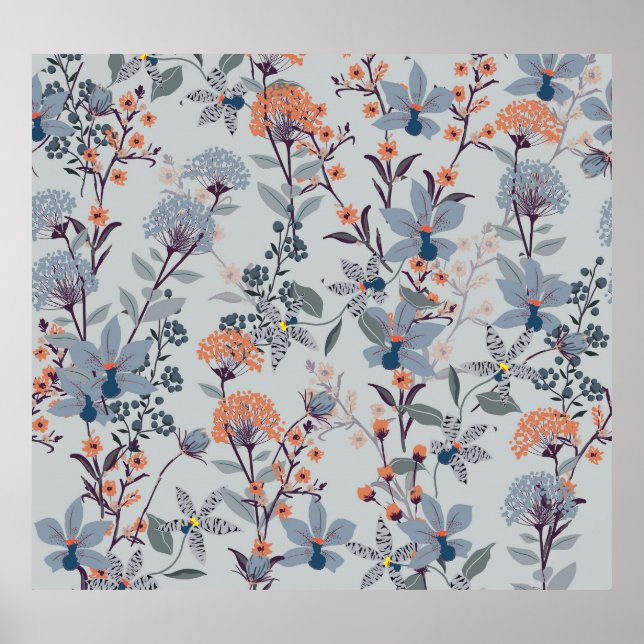 Wild flowers on blue, botanical pattern. poster (Front)