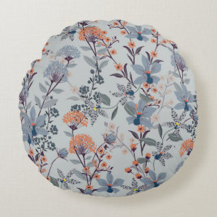 Wild flowers on blue, botanical pattern. round cushion