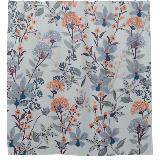 Wild flowers on blue, botanical pattern. shower curtain (Front)