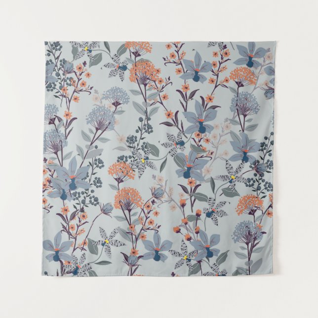 Wild flowers on blue, botanical pattern. tapestry (Front)