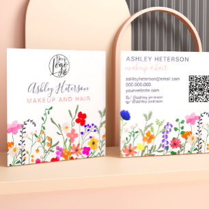 Wild flowers pastel qr code logo hair makeup square business card