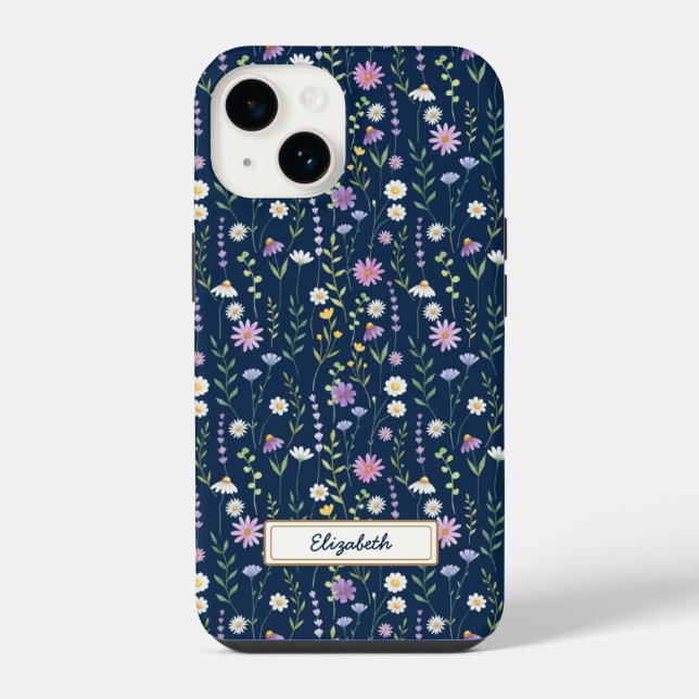 Wild Flowers Pattern Blue navy Background iPhone Case (Back)