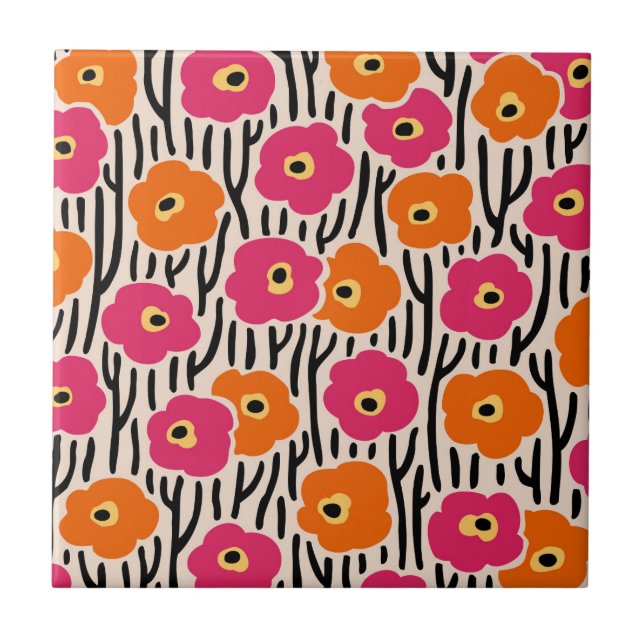 Wild Flowers Pattern Hot Pink and Orange Tile (Front)