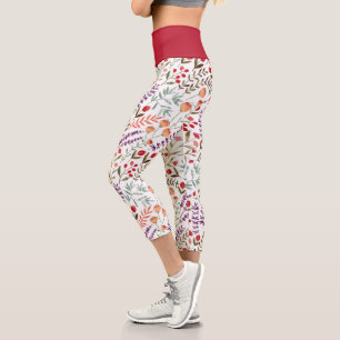 Wild Flowers Red Purple Yellow on White Capri Legg Leggings