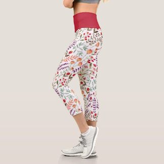 Wild Flowers Red Purple Yellow on White Capri Legg Leggings