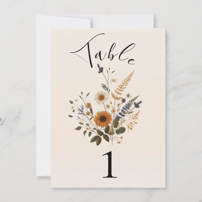 Wild Flowers Vintage Floral Bohemian Table Number (Front)