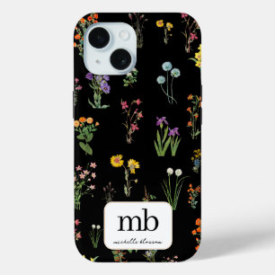 Wild flowers Watercolor Black Botanical Floral iPhone 15 Case