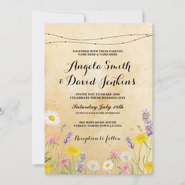Wild Flowers Wedding Vintage Lights Floral Invite (Front)