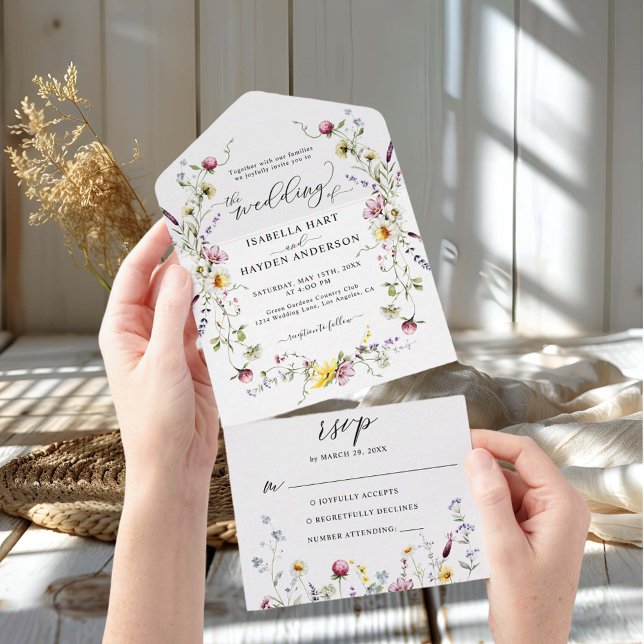 Wild Flowers Wreath Boho  Floral Botanical Wedding All In One Invitation (Creator Uploaded)