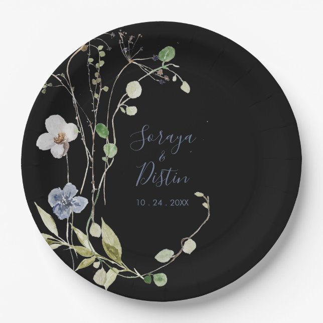 Wild Forest Floral Black Wedding  Paper Plates (Front)